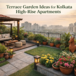 Lush terrace garden with city view