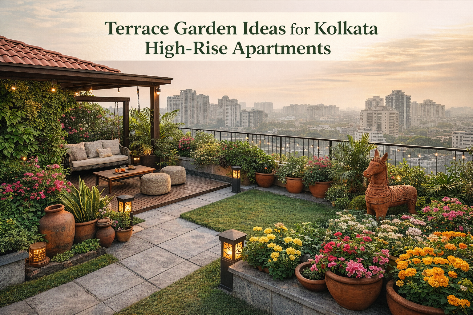 Lush terrace garden with city view