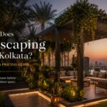 Luxury rooftop landscape with pergola and ambient lighting in Kolkata
