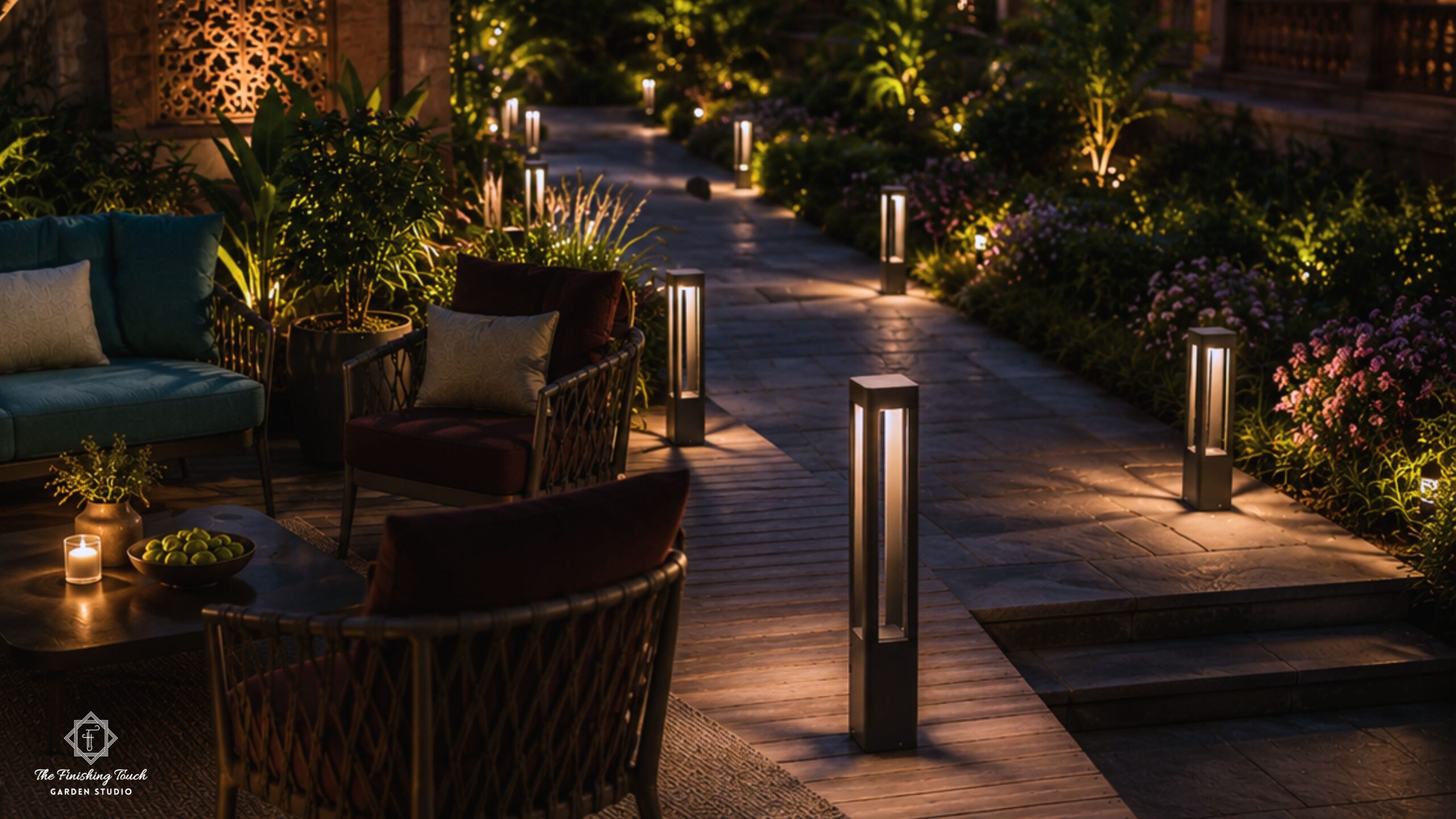 Landscaping Cost in Kolkata (2026): Design, Pergolas, Planters , Garden & Outdoor Light Pricing 5 Landscape lighting with bollard lights illuminating garden pathway