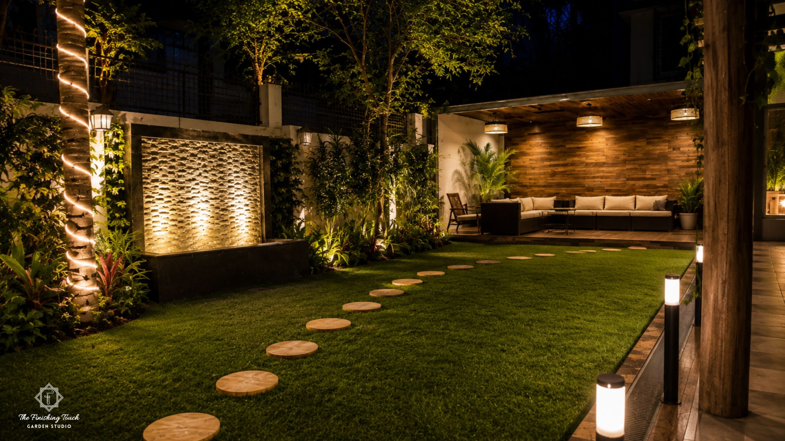 Landscaping Cost in Kolkata (2026): Design, Pergolas, Planters , Garden & Outdoor Light Pricing 8 Luxury residential garden with lighting, lawn and water feature