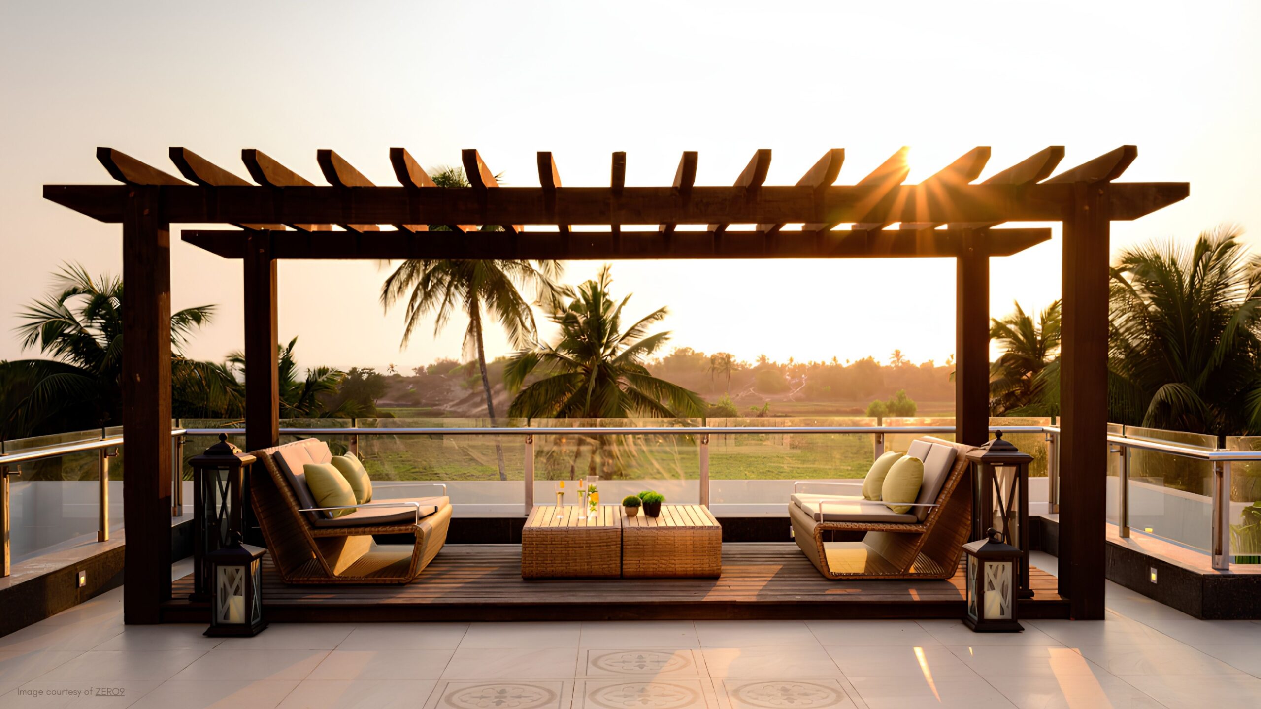 Landscaping Cost in Kolkata (2026): Design, Pergolas, Planters , Garden & Outdoor Light Pricing 2 Modern wooden pergola on rooftop terrace with outdoor seating