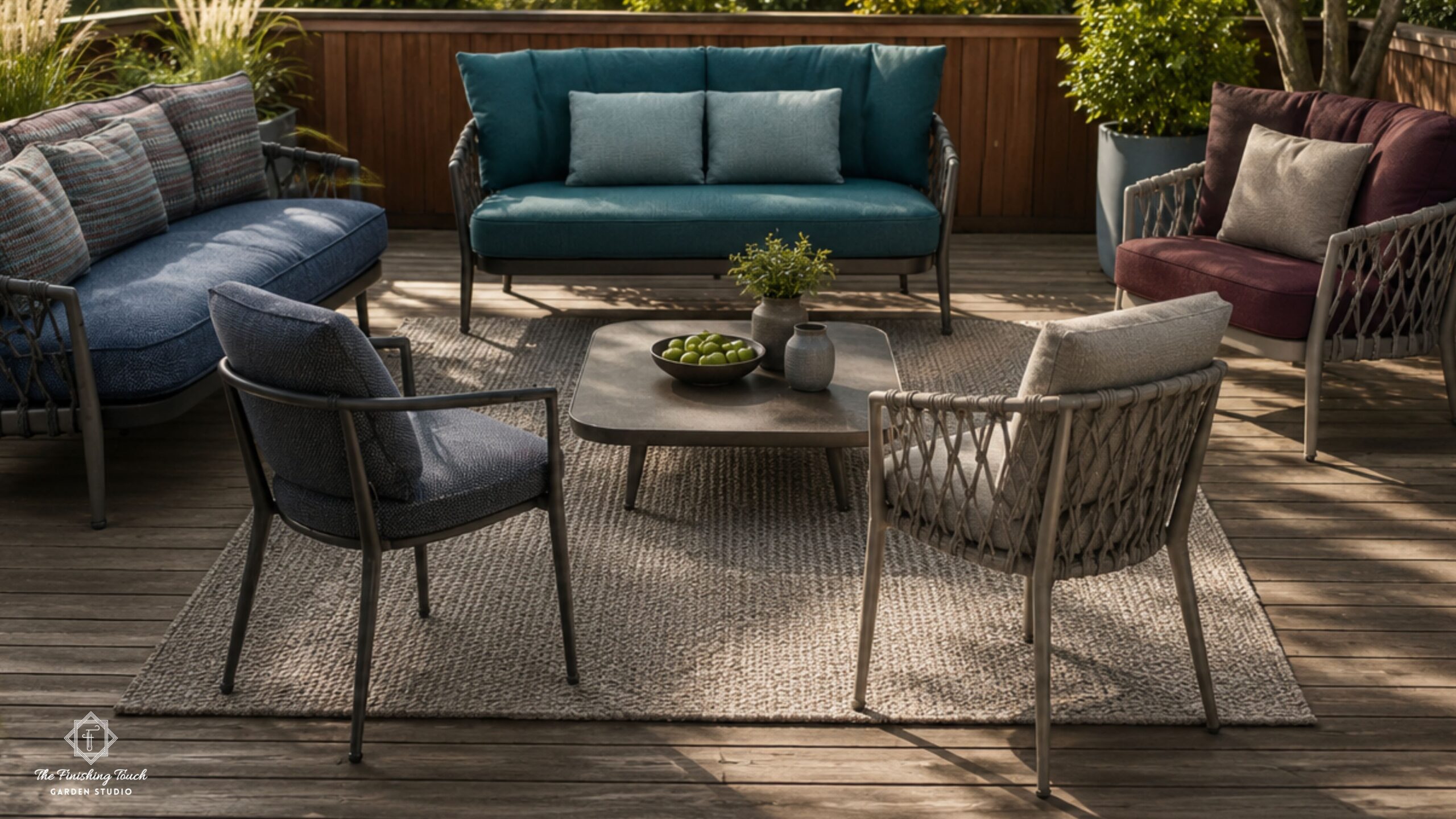 Landscaping Cost in Kolkata (2026): Design, Pergolas, Planters , Garden & Outdoor Light Pricing 4 Premium outdoor lounge furniture on wooden deck